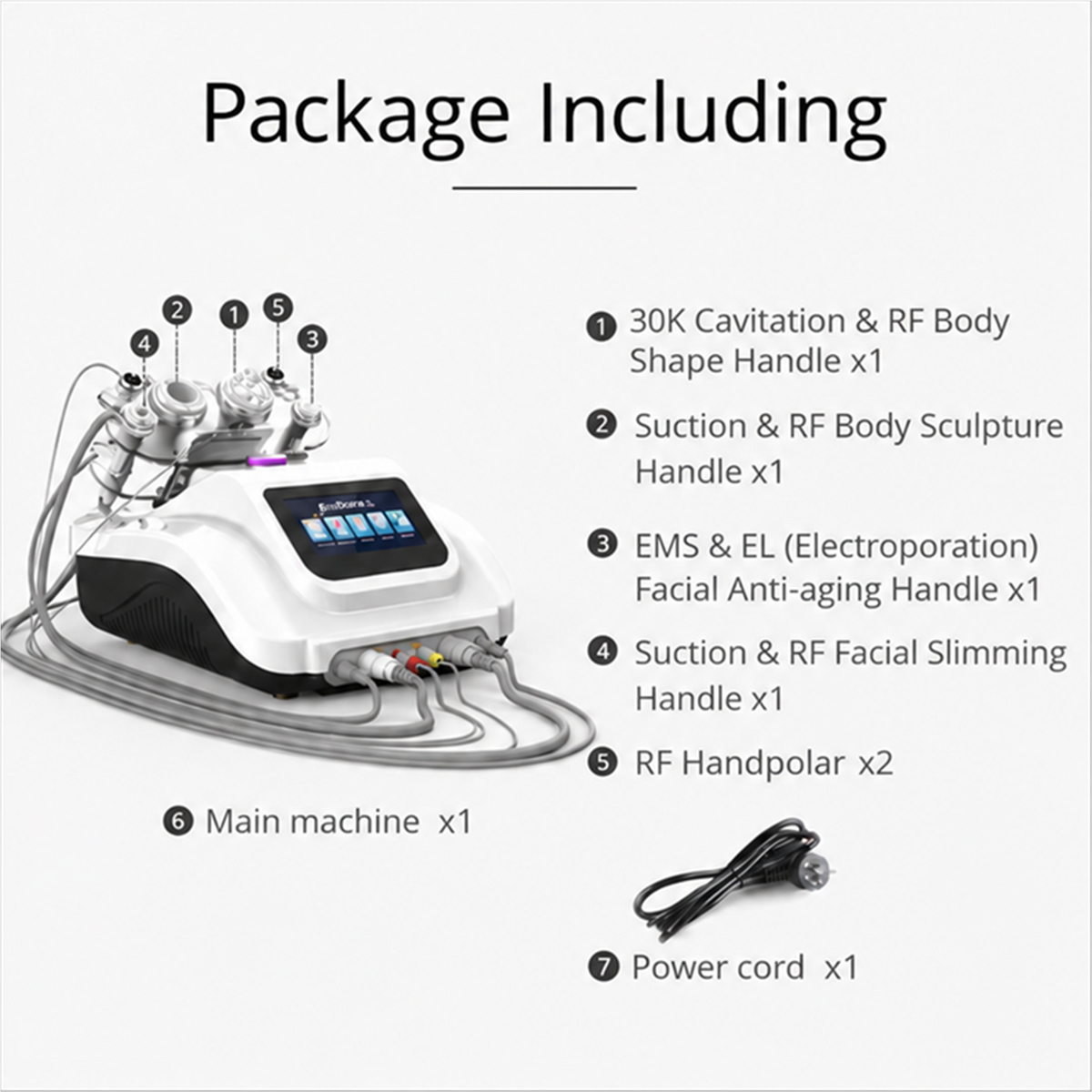 ArianaSpas 30K 5-in-1 package contents showing 30K cavitation and RF body shape handle